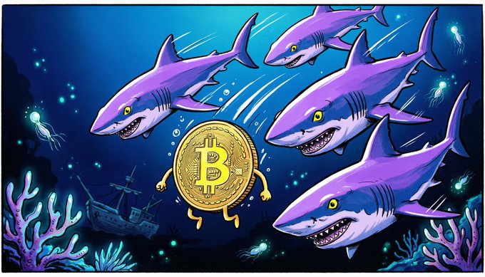 A cartoon Bitcoin coin with arms and legs stands defensively in the center of an underwater scene, surrounded by menacing purple sharks circling a sunken ship amid glowing jellyfish and coral reefs. The "B" symbol on the coin references Bitcoin's struggle to hold its value against predatory market pressures, mirroring the post's concern about the Bitget hack potentially driving prices down to $77,000.