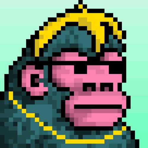 A pixel art rendering of a gorilla character resembling Donkey Kong, depicted with pinkish skin, wearing a gold crown and gold chain against a light green background.
