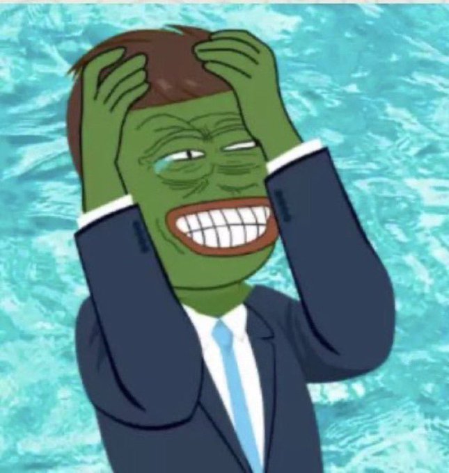 A cartoon image, commonly known as a 'Pepe' meme, shows a green frog-like figure in a business suit and tie holding its head with a wide, manic grin over a water-patterned background.