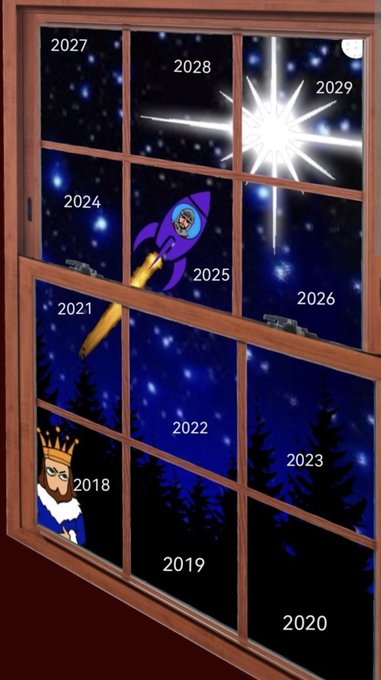 A window view against a starry night sky features numbered years from 2018 through 2029, with a rocket ship flying through 2025 and a bright starburst over 2029, symbolically illustrating a speculative crypto price forecast predicting that XRP will experience a major boom in 2029 after years of sideways movement.