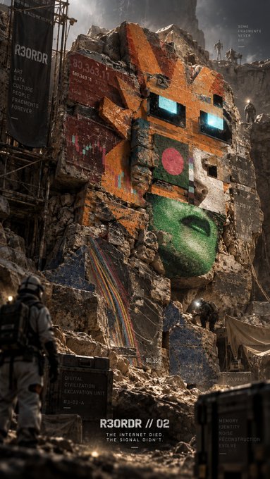 A post-apocalyptic scene shows a massive stone face sculpture with glowing blue eyes, marked with coordinates "80.363,11" and "80.35°", surrounded by excavation workers; text reads "R30RDR // 02", "THE INTERNET DIED", "THE SIGNAL DIDN'T", along with warnings about cultural fragments and fragile fragments.
