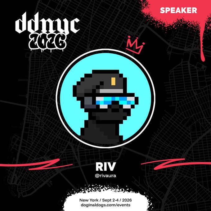 Promotional graphic for the 'ddmyc 2026' speaker 'RIV' (@rivaura), featuring a pixel-art avatar of a figure wearing pixelated sunglasses on a turquoise background, with event details: New York, Sept 2-4, 2026, doginaldogs.com/events.