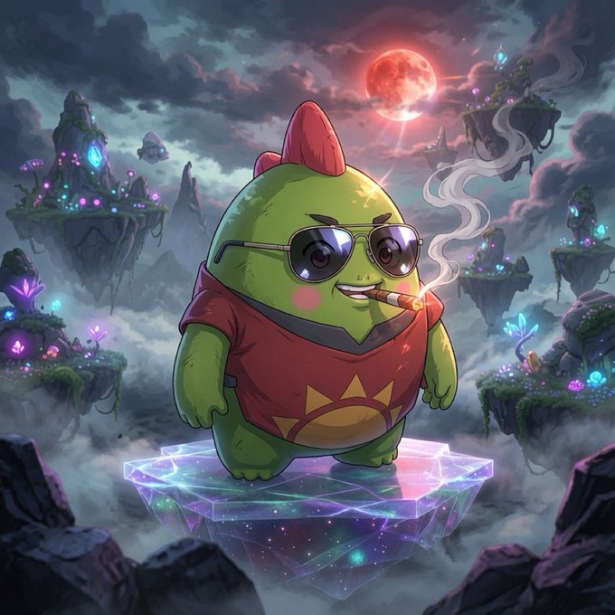 A digital illustration features a cute green creature wearing sunglasses and a red shirt, smoking a cigar while standing on a glowing crystalline platform in a surreal floating island landscape with a red moon.