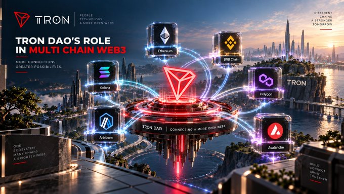A TRON promotional graphic titled 'TRON DAO'S ROLE IN MULTI CHAIN WEB3' showing connections between Ethereum, BNB Chain, TRON, Solana, Polygon, Arbitrum, and Avalanche.