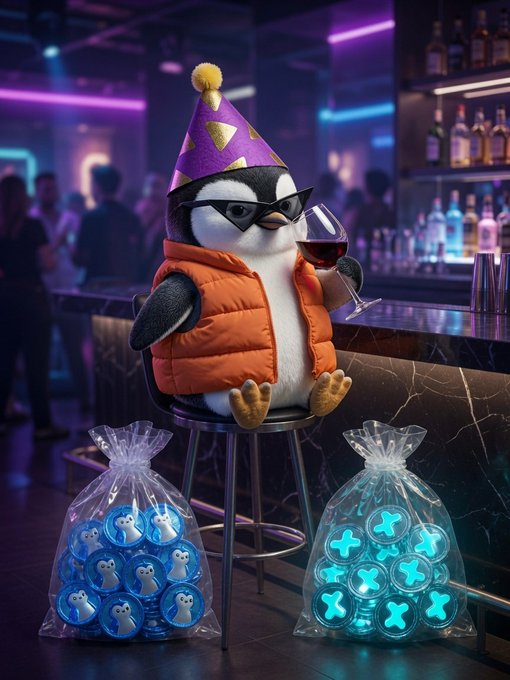 The image features a penguin wearing an orange vest, glasses, and a party hat sitting at a bar with bags of blue and white buttons next to him. The penguin appears to be enjoying his time at the bar while holding a glass of wine in one hand and a bag filled with buttons in the other.