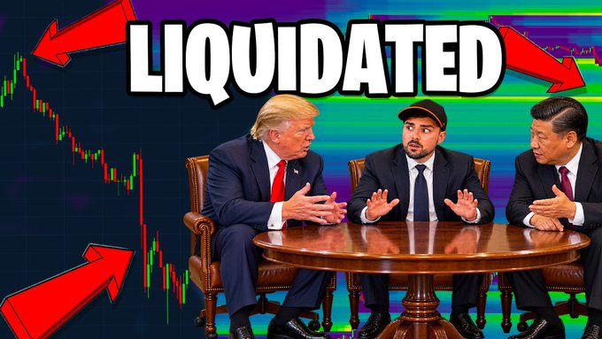 Image shows a crypto market crash graphic with a falling candlestick chart, red arrows, and the large text “LIQUIDATED,” alongside three figures at a table, matching the post’s warning about Bitcoin danger after a huge drop.