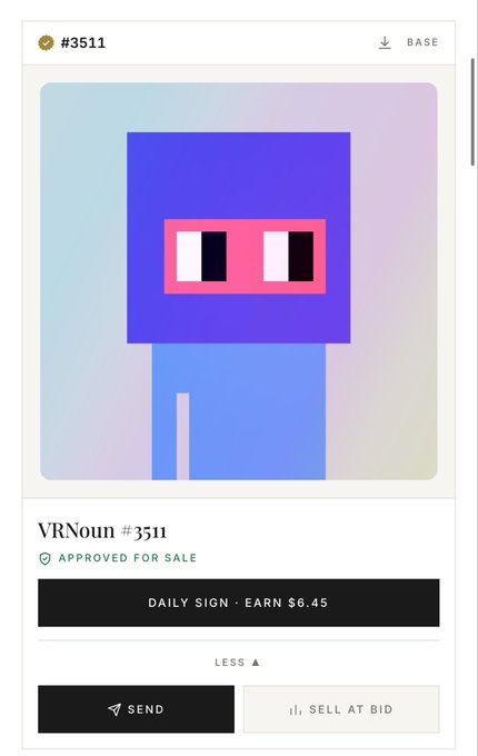 A digital NFT listing for 'VRNoun #3511' featuring a purple block character with pink sunglasses, marked as 'APPROVED FOR SALE' with a daily sign option to earn $6.45.