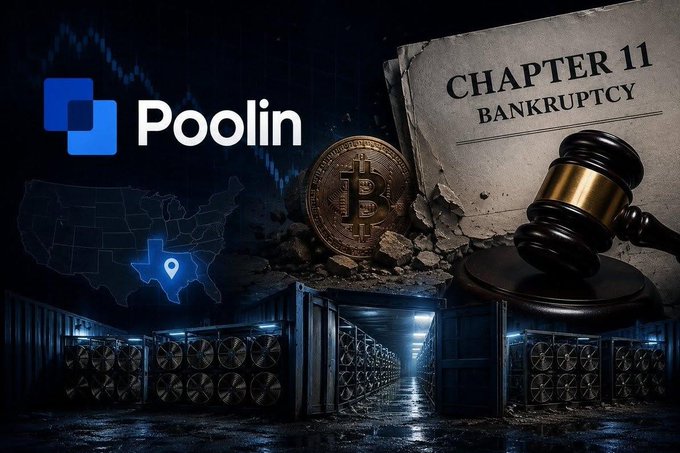 A graphic featuring the Poolin logo, a Bitcoin coin, a gavel resting on 'CHAPTER 11 BANKRUPTCY' documents, a map of the United States highlighting Texas, and a background of a cryptocurrency mining facility.