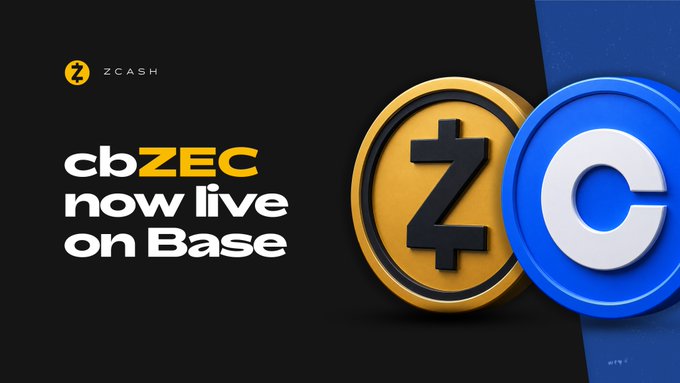 A promotional banner for Zcash announces "cbZEC now live on Base", featuring the Zcash and Base coin logos.