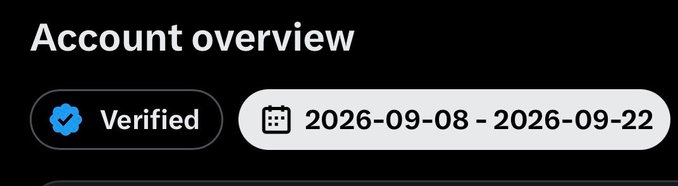 Account overview header showing a 'Verified' badge and date range '2026-09-08 - 2026-09-22'.