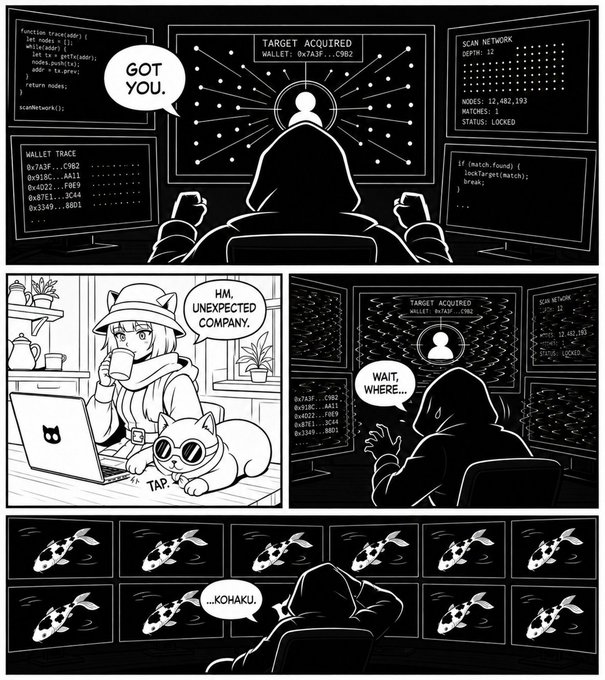 A digital comic strip features a man in a dark room, seated at a computer and typing, accompanied by two cats, one sitting on his lap and the other near a monitor displaying "GET Unexpectedly COntrolled."