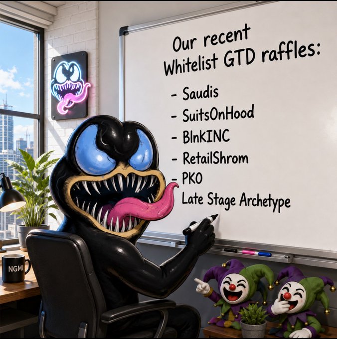 A black cartoon character with blue eyes and a pink tongue writes on a whiteboard listing recent Whitelist GTD raffles: Saudis, SuitsOnHood, B1nkINC, RetailShrom, PKO, and Late Stage Archetype, while two jesters watch approvingly—directly illustrating the referenced Jester's JPEGs giveaway promotion.