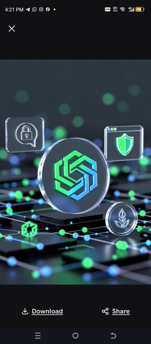 A 3D-rendered cryptocurrency/security graphic featuring a central emblem with interlocking hexagons, surrounded by shield and lock icons, displayed on a dark background with green data nodes and Download/Share options visible.