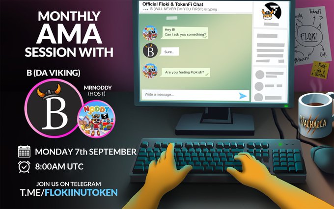 A promotional graphic for the Monthly AMA Session with B (DA Viking), hosted by MrNoddy, scheduled for Monday, 7th September at 8:00 AM UTC on Telegram (t.me/flokinitoken), featuring a cartoon image of hands typing on a keyboard in front of a computer screen displaying an "Official Floki & TokenFi Chat" with messages teasing a "physical Floki debit card" announcement—directly tied to the post about the AMA recap.