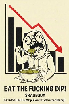 An illustration shows a frantic-looking character eating dip in front of a declining bar chart, with bold text reading 'EAT THE FUCKING DIP!' and the brand name '$RAGEGUY'.