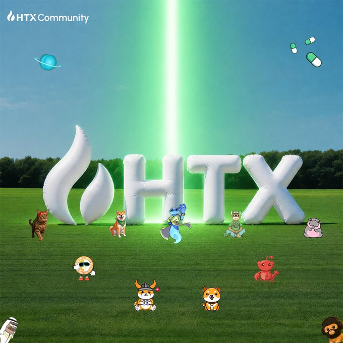 An HTX Community promotional image featuring large white "HTX" inflatable letters on a green field with various cartoon characters and a green light beam in the background.