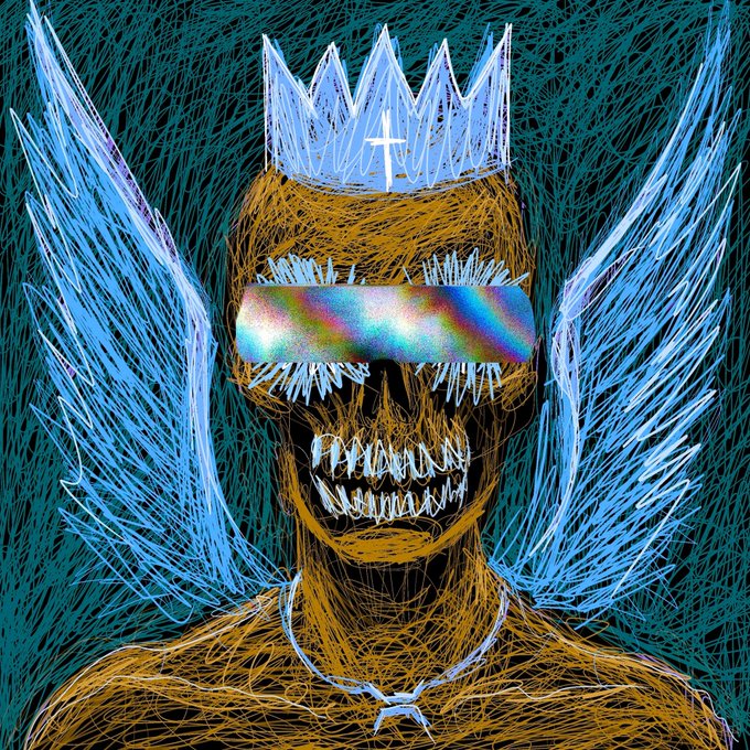 A dark, stylized digital drawing of a crowned, horned skeletal figure with glowing rainbow visor eyes and sharp teeth.