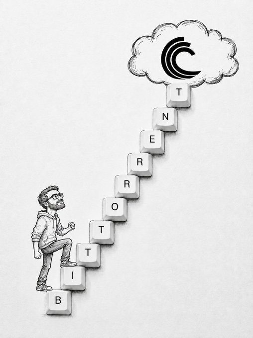 Black and white illustration of a person climbing a staircase made of blocks spelling 'BITTORRENT,' leading to a cloud containing the 'C' logo.