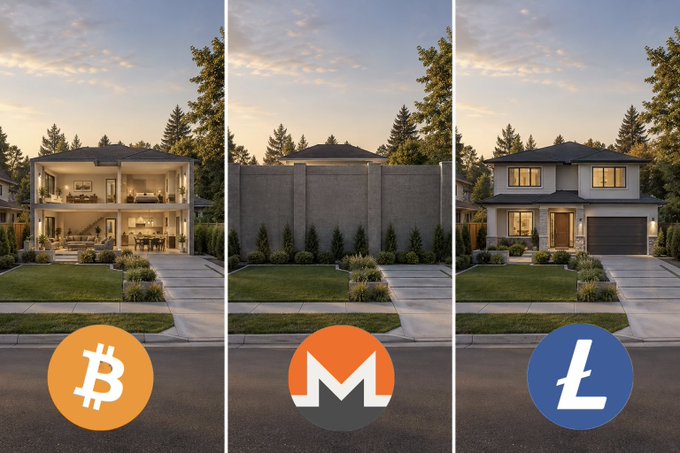 A split home shown in three states—fully revealed interior, walled-off with extension blocks, and standard exterior—is paired with Bitcoin, Monero (XMR), and Litecoin (Ł) logos to visually argue that Litecoin's MWEB feature offers optionality compared to BTC and XMR's lack of confidentiality extensions.