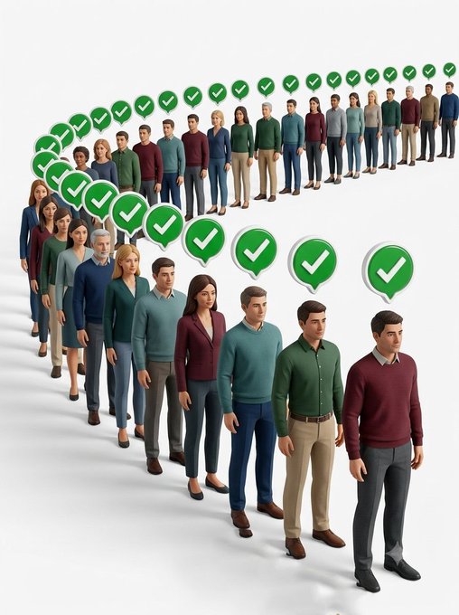 A 3D illustration depicts a long line of diverse people walking, each with a green checkmark location pin above their head.