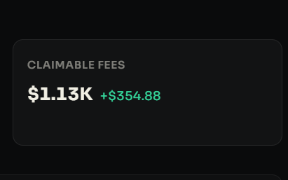 A dark dashboard panel displaying 'CLAIMABLE FEES' of '$1.13K +$354.88'.