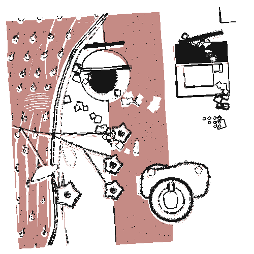 A stylized pink and black illustration showing a bowl, a camera, and cherry blossoms with abstract artistic elements.