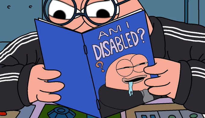A cartoon image of a person with glasses reading a blue book titled 'AM I DISABLED?' to a baby who is drooling.