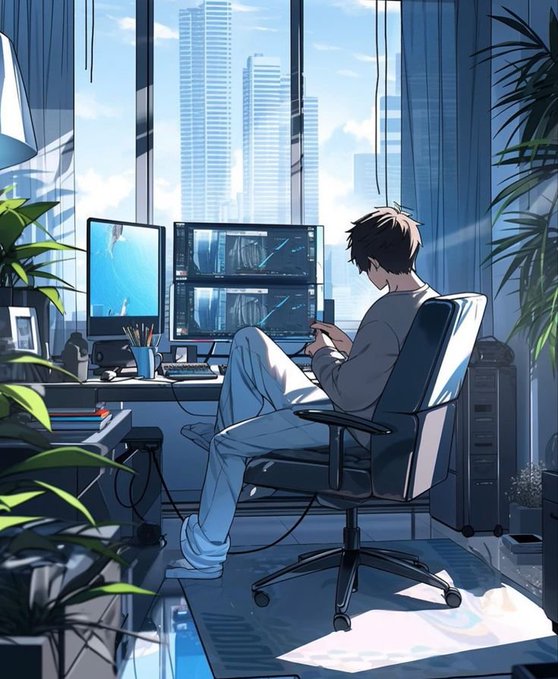 An anime-style illustration of a young man sitting in a chair at a desk with multiple monitors displaying code and screens, positioned in front of a large window with a cityscape view, surrounded by green plants.