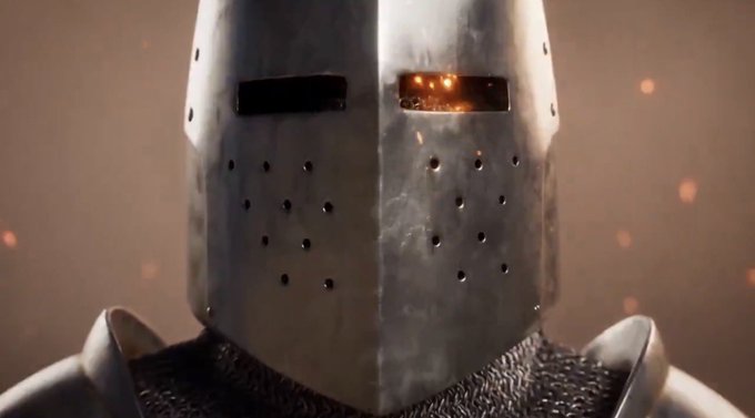 A close-up of a knight wearing a metal great helm with a glowing eye slit, set against a smoky, ember-filled background.