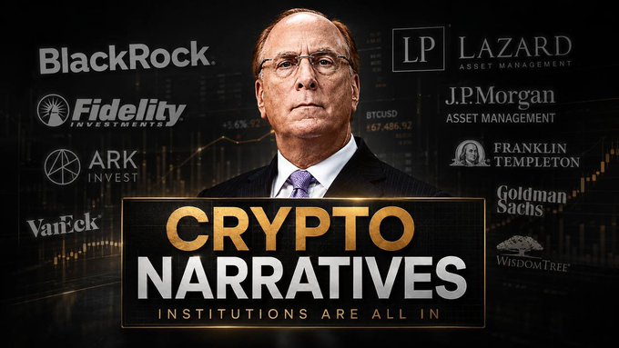 The image features a serious-looking man in glasses against a backdrop of financial charts and logos of major institutions (BlackRock, Fidelity, ARK, VanEck, Lazard, JPMorgan, Franklin Templeton, Goldman Sachs, WisdomTree), with prominent text reading "CRYPTO NARRATIVES - INSTITUTIONS ARE ALL IN." 

**Caption:** A man in glasses is pictured alongside major finance logos and a title reading "Crypto Narratives - Institutions Are All In," supporting the post's point that institutional adoption is fueling the next altseason's focus on specific sectors like DeFi, AI, and RWA, rather than a blanket altcoin rally.