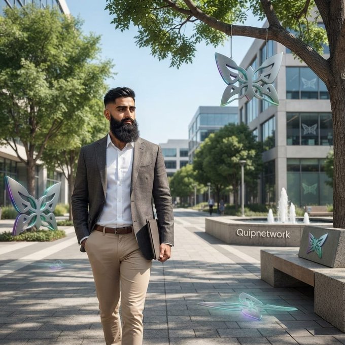 A bearded man in a grey blazer walks through a sunny outdoor plaza featuring modern buildings, a fountain, and "Quipnetwork" signage.
