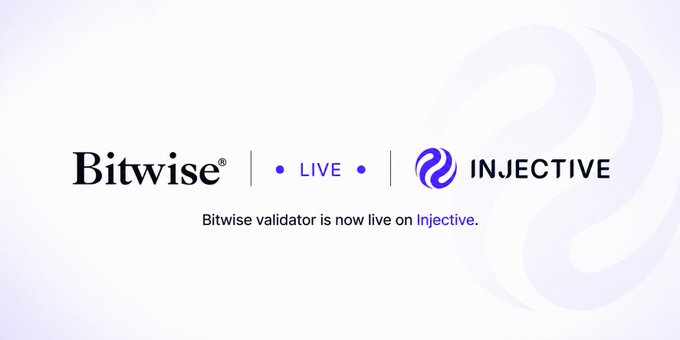 A promotional graphic featuring the Bitwise logo and the Injective logo, with text stating 'Bitwise validator is now live on Injective' on a white background with purple accents.