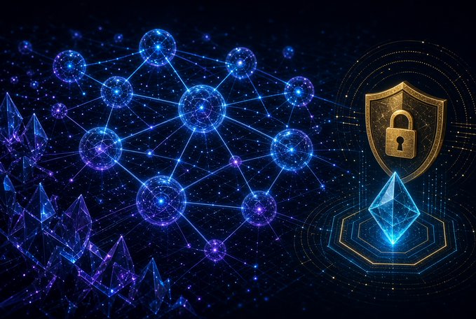 A digital artwork featuring a network of glowing blue nodes, an Ethereum crystal logo beneath a golden shield with a padlock, and crystalline structures.
