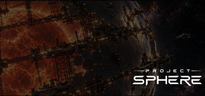 Promotional artwork for 'Project Sphere' showing a massive hex-paneled megastructure orbiting a fiery red planet, with a spacecraft approaching from the right.