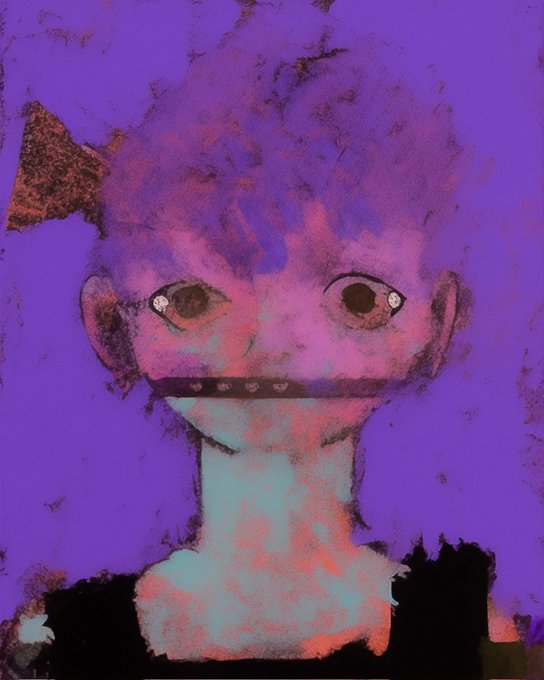 A stylized digital portrait of a figure with purple hair and large eyes, wearing a mask with small studs, rendered in pink, purple, and teal tones against a dark purple background.