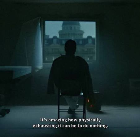 A silhouetted figure sits motionless in a chair facing a window that frames the U.S. Capitol dome, captioned "It's amazing how physically exhausting it can be to do nothing."

The image perfectly captures the post's theme of trading fatigue—the lone figure staring out at the Capitol symbolizes the mental and physical toll of holding positions through long stretches of inaction, mirroring the user's six-month stretch of doing little after buying the Bitcoin bottom in February and selling the local top at 72k.