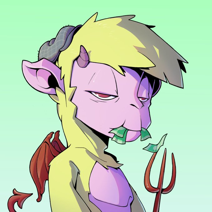 Digital illustration of a pink-skinned, goat-like demon character with horns, a snake on its head, and a small pitchfork, eating money against a green background.