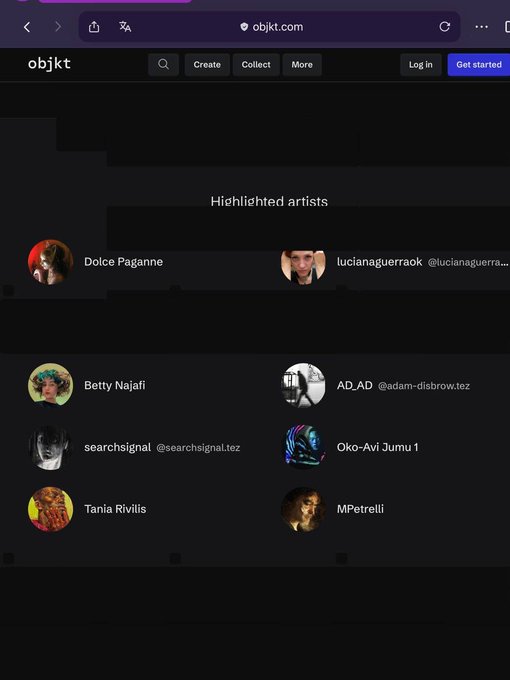 The image shows a screenshot of objkt.com's "Highlighted artists" section, featuring digital creators like Dolce Paganne, lucianaguerraok, Betty Najafi, AD.AD, searchsignal, Oko-Avi Jumu 1, Tania Rivilis, and MPetrelli. The post's joy at being featured by @objktcom corresponds with this curated artist showcase page.