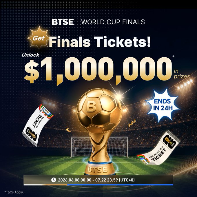 A promotional poster for "BTSE World Cup Finals" advertising tickets and $1,000,000 in prizes, ending in 24H, with dates 2026.06.08 00:00 - 07.22 23:59 (UTC+0).
