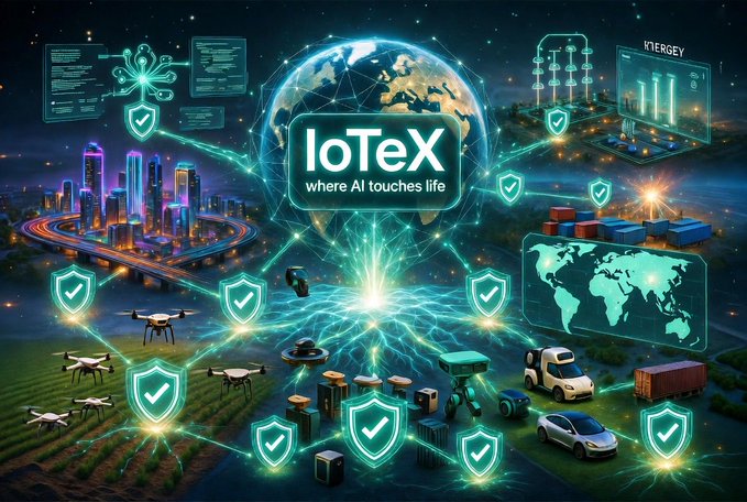 The image shows a visually rich graphic depicting an urban environment with various elements representing technology and industry. It appears that this layout might be used for promotional purposes or marketing material related to the IOTex company, which focuses on AI and decentralized networks within real-world scenarios.