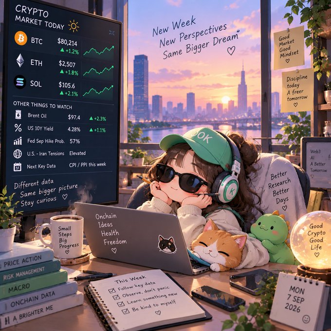 An illustrated scene titled 'CRYPTO MARKET TODAY' showing BTC at $80,214 (+1.2%), ETH at $2,507 (+1.8%), and SOL at $105.6 (+2.1%), with a character wearing a green 'OK' cap and headphones using a laptop surrounded by sticky notes including 'New Week New Perspectives Same Bigger Dream' and a date 'MON 7 SEP 2026'.