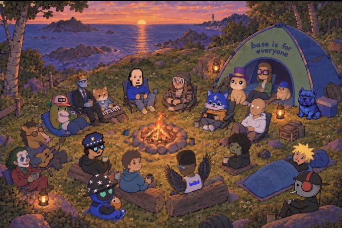 An illustration of various internet meme figures, including BAPE and others, gathered around a campfire at sunset by the ocean, with a tent displaying the text 'base is for everyone'.