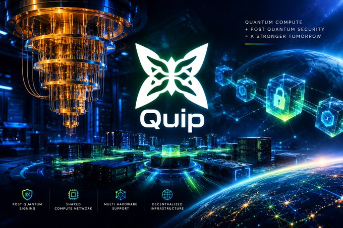 The image shows a promotional graphic for "Quip" featuring a glowing butterfly logo at the center, set against a futuristic quantum computing scene with a gold-lit processor, floating blockchain cubes displaying padlocks, and an Earth backdrop, tagged with "QUANTUM COMPUTE + POST QUANTUM SECURITY + A STRONGER TOMORROW" and icons for post-quantum signing, shared compute network, multi-hardware support, and decentralized infrastructure. The accompanying post ties into this by emphasizing that as quantum computing advances, blockchain security must be addressed proactively rather than deferred, aligning with Quip's positioning as a post-quantum security solution for long-term value preservation.