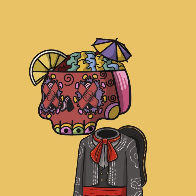 Illustration of a Day of the Dead-style skull character with fruit cocktail as a brain, cocktail umbrellas, band-aids on eyes, wearing a mariachi outfit on a yellow background.