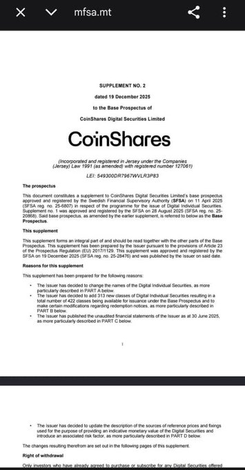 A legal supplement document from CoinShares Digital Securities Limited (LEI: 549300DR7967WVLR3P83) dated December 19, 2025, announces changes to its Base Prospectus regarding a Digital Individual Securities issuance (Class 306) referenced as "Digit Securities," with the underlying financial statements as of June 30, 2025. The image supports the post's claim by showing the formal regulatory framework through which Pi is being embedded into European corporate finance via CoinShares's prospectus.