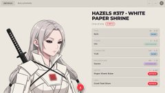 A product listing titled "HAZELS #317 - WHITE PAPER SHRINE" showing an anime-style character with white hair holding a sword, displayed as a digital collectible with bid information.