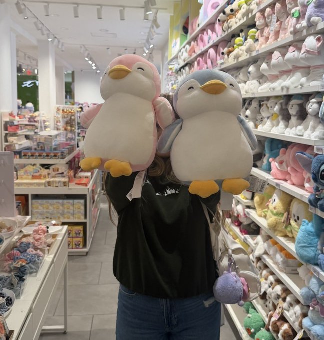 A person in a black shirt and jeans stands in a store aisle holding up two large penguin plushies (one pink, one gray) in front of their face, surrounded by shelves of stuffed animals.