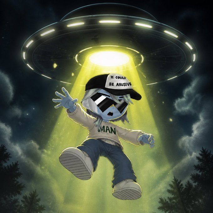 A digital illustration depicts a cartoon character wearing a black cap reading 'I COULD BE ABUSIVE' and sunglasses, being abducted by a UFO with a beam of yellow light against a night sky.