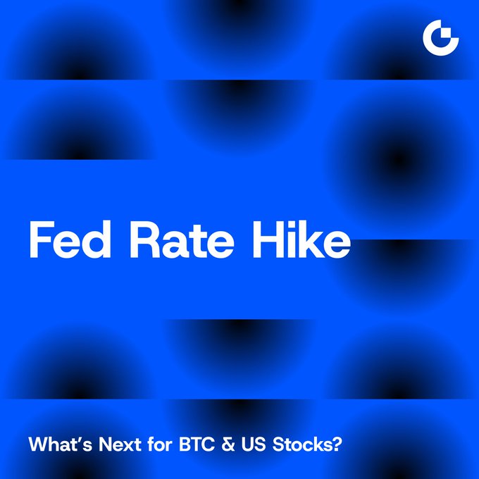 A bold blue graphic featuring the headline "Fed Rate Hike" with the subheading "What's Next for BTC & US Stocks?" alongside a stylized "G" logo in the top right corner. The accompanying post discusses the Federal Reserve's first rate increase in nearly three years and its potential implications for Bitcoin ($BTC), tech stocks, and overall market liquidity, with the image serving as a visual headline for that analysis.