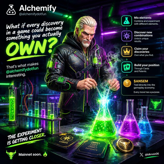 A promotional graphic for Alchemify (@alchemifydotfun) featuring an older man with white hair and beard in a leather jacket conducting experiments with neon green and purple liquids in glass beakers.